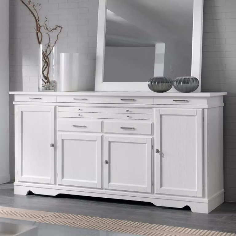 Madia credenza in legno massello con 4 porte laccato bianco opaco Mobili 2G L: 222 cm, P: 52 cm, H: 108 cm