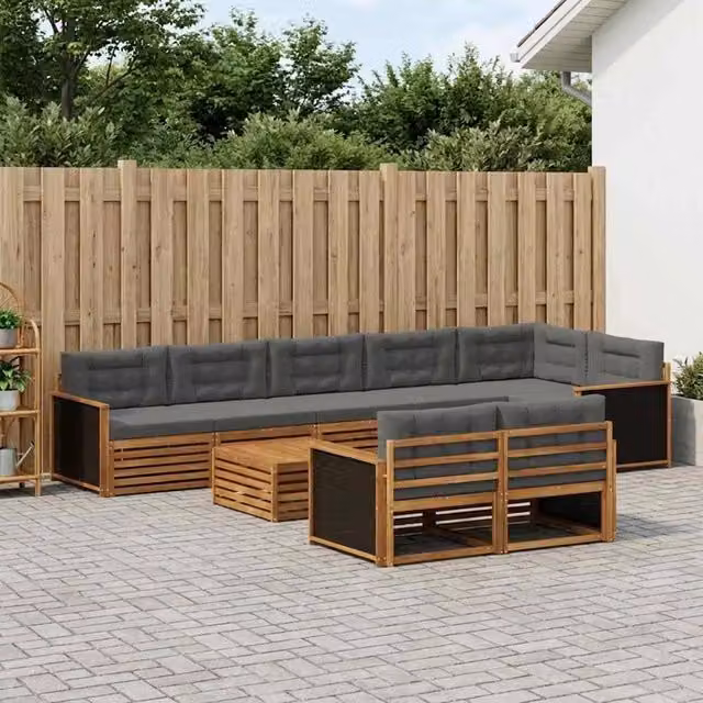 Set di divani da esterno a forma di U vidaXL in legno di acacia con cuscini grigi, 9 pezzi