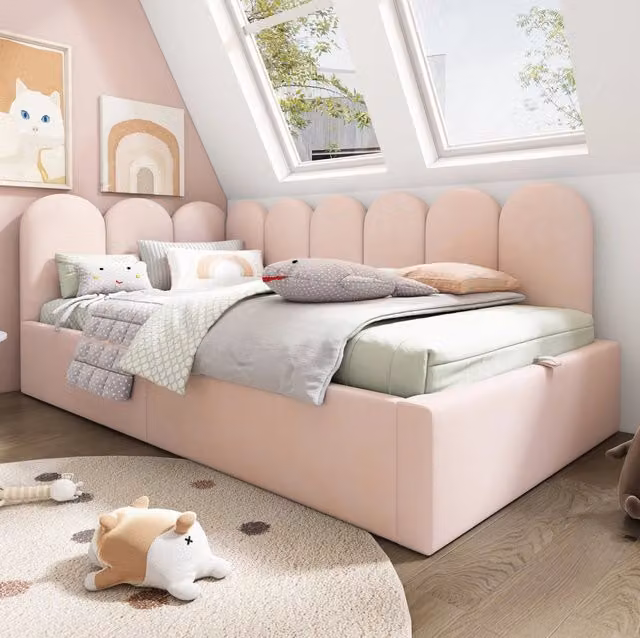 Letto da giorno ULEVR 90x190 cm con contenitore idraulico e rete in metallo, velluto rosa