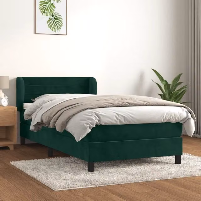 Letto Ibrido vidaXL con Giroletto a Molle e Materasso in Velluto Verde Scuro, L/P: 90 x 200 cm – 1