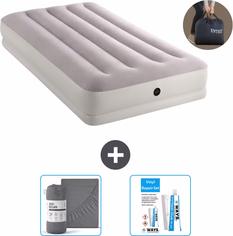 Intex Airbed - 1 persona - 99 x 191 x 30 cm - Grigio - Incluso pompa - lenzuolo e kit di riparazione