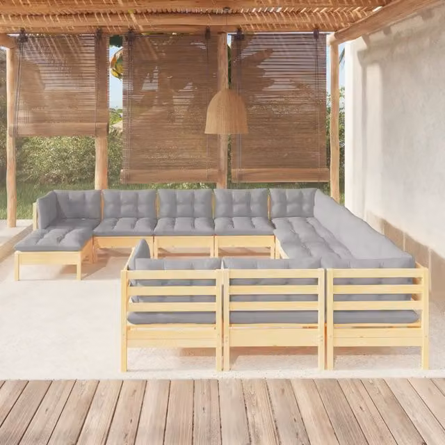 Set di Divani da Giardino vidaXL a Forma di U in Legno di Pino con Cuscini Grigi – 1