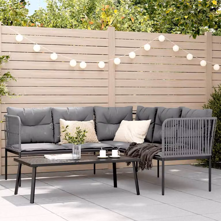 Set Divano da Giardino a L vidaXL con Cuscini e Tavolino, Acciaio Verniciato e Textilene, Antracite e Nero