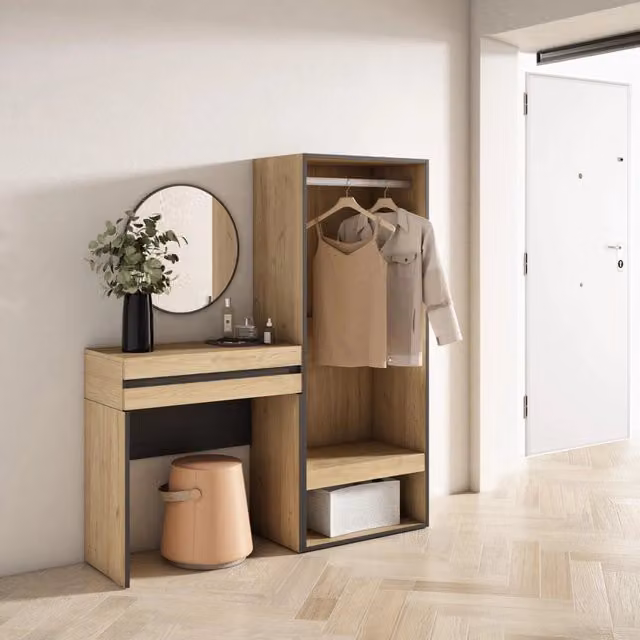 Consolle Ingresso, 130x35x145cm, Con cassetto, Armadio Aperto, colore Rovere RF3447