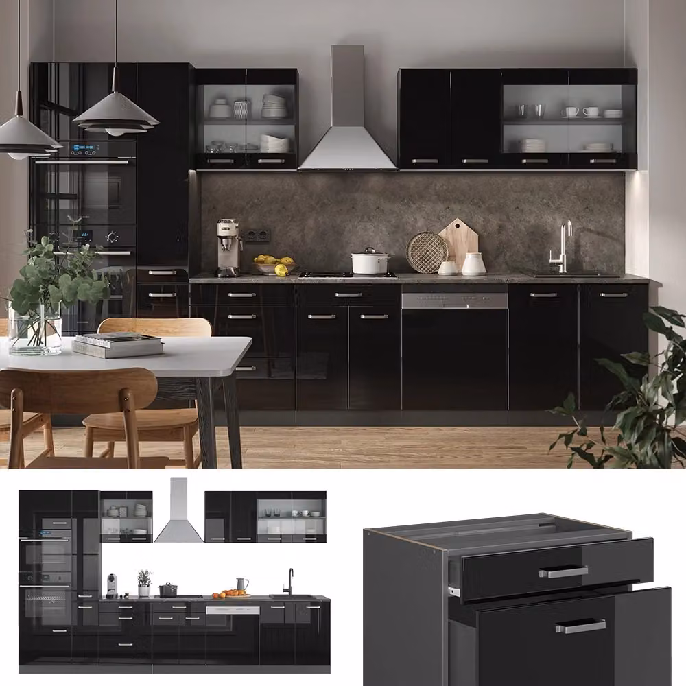 Cucina componibile moderna Vicco R-Line Nero lucido e Antracite, larghezza 350 cm, con armadio alto e senza piano di lavoro – 2