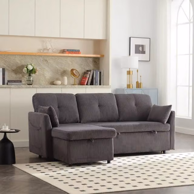 Divano letto angolare reversibile con contenitore; velluto a coste; 206 x 108 x 66 cm; grigio scuro