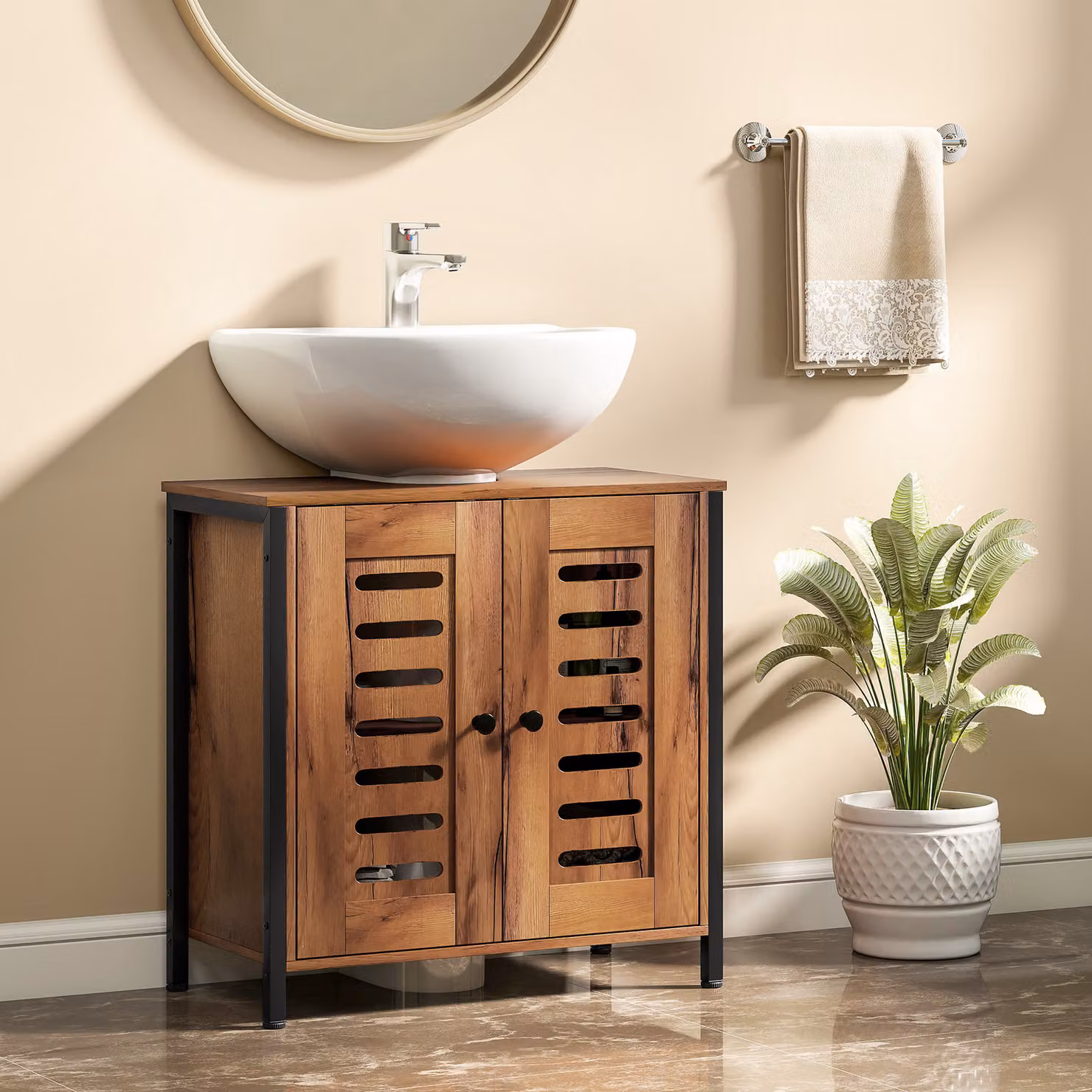 Mobile Sottolavabo HOMCOM con 2 Ante a Doghe e Chiusura Magnetica, Ripiano Regolabile, Marrone Rustico, L: 60 cm, P: 30 cm, H: 60 cm – 2