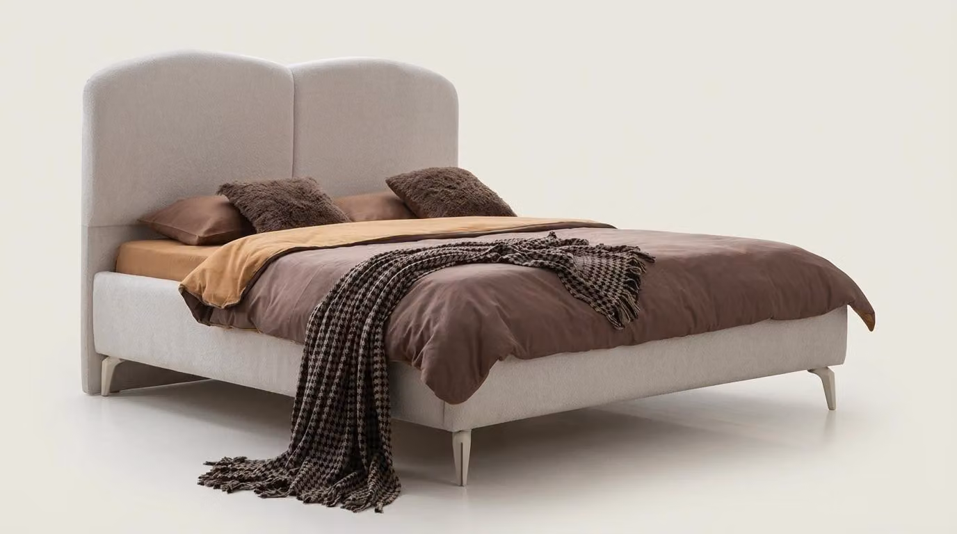 Letto matrimoniale moderno, beige, imbottito, confortevole, con testiera, dotato di spazio contenitivo e struttura robusta