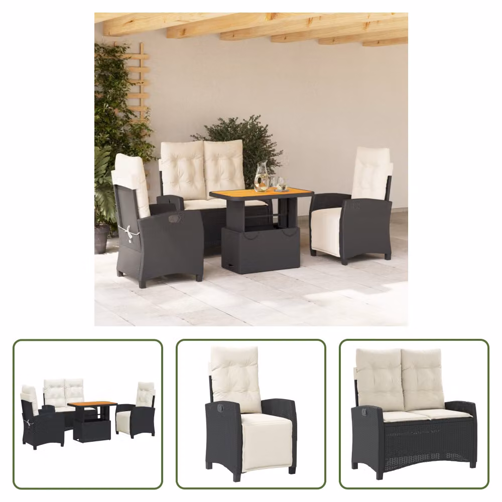 The Living Store Set da pranzo da giardino 4 pezzi con cuscini in poly rattan nero