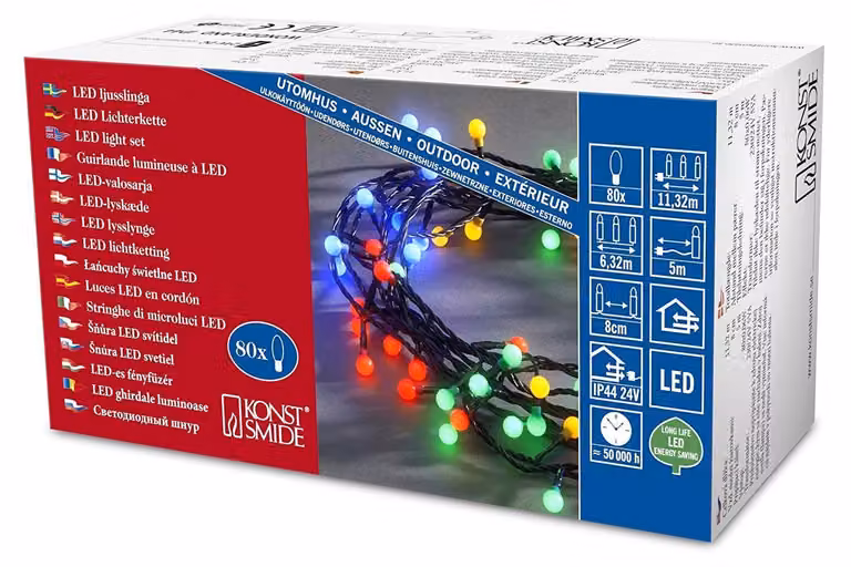 Catena luminosa a LED, modello Globe, con 80 diodi colorati, grado di protezione IP44, alimentazione a 24V, lunghezza 5 metri