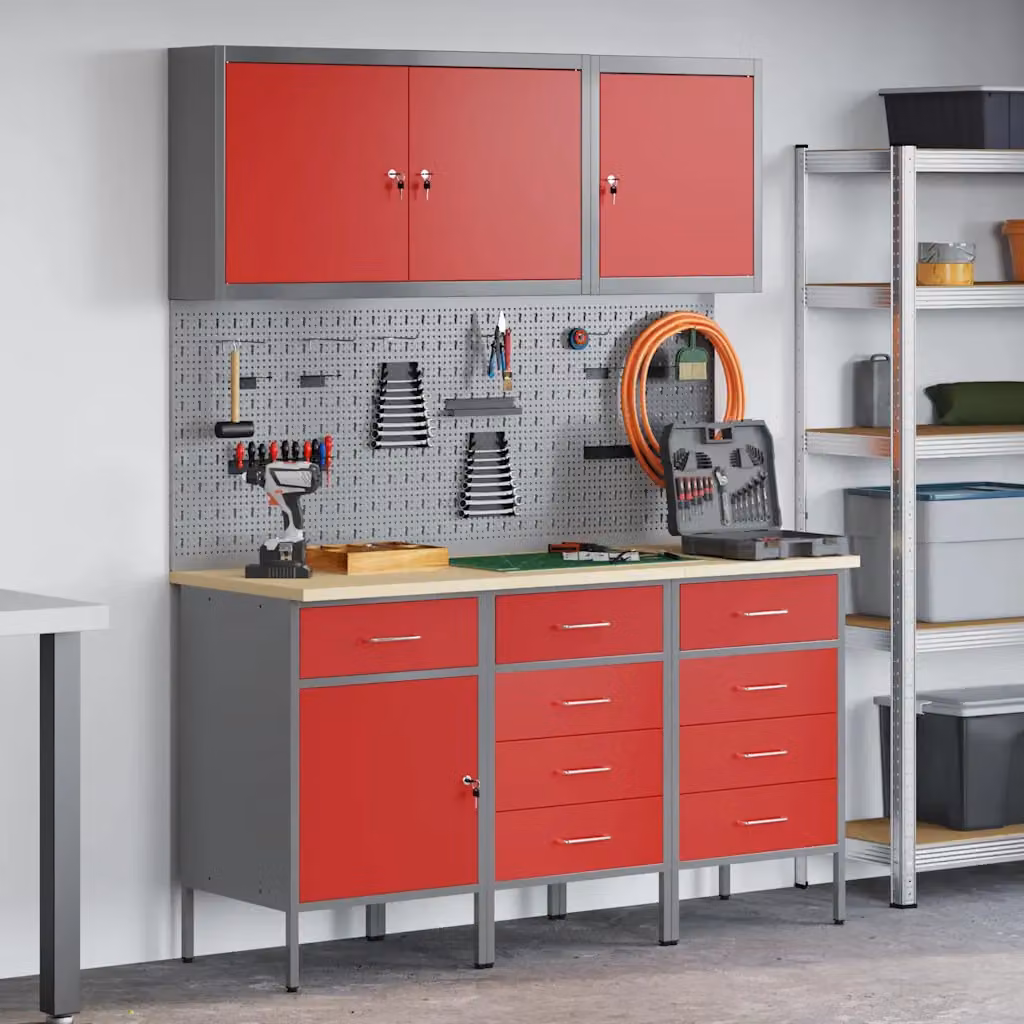 vidaXL Carrello da lavoro mobile con cassetto 8 pezzi in acciaio e legno, Rosso e Grigio