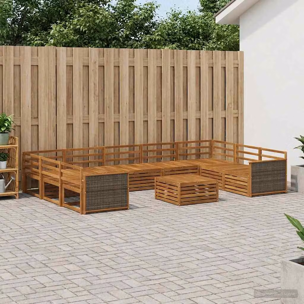 Set di divani da esterno vidaXL 10 pezzi in legno di acacia marrone con cuscini e tavolino da caffè a forma di U