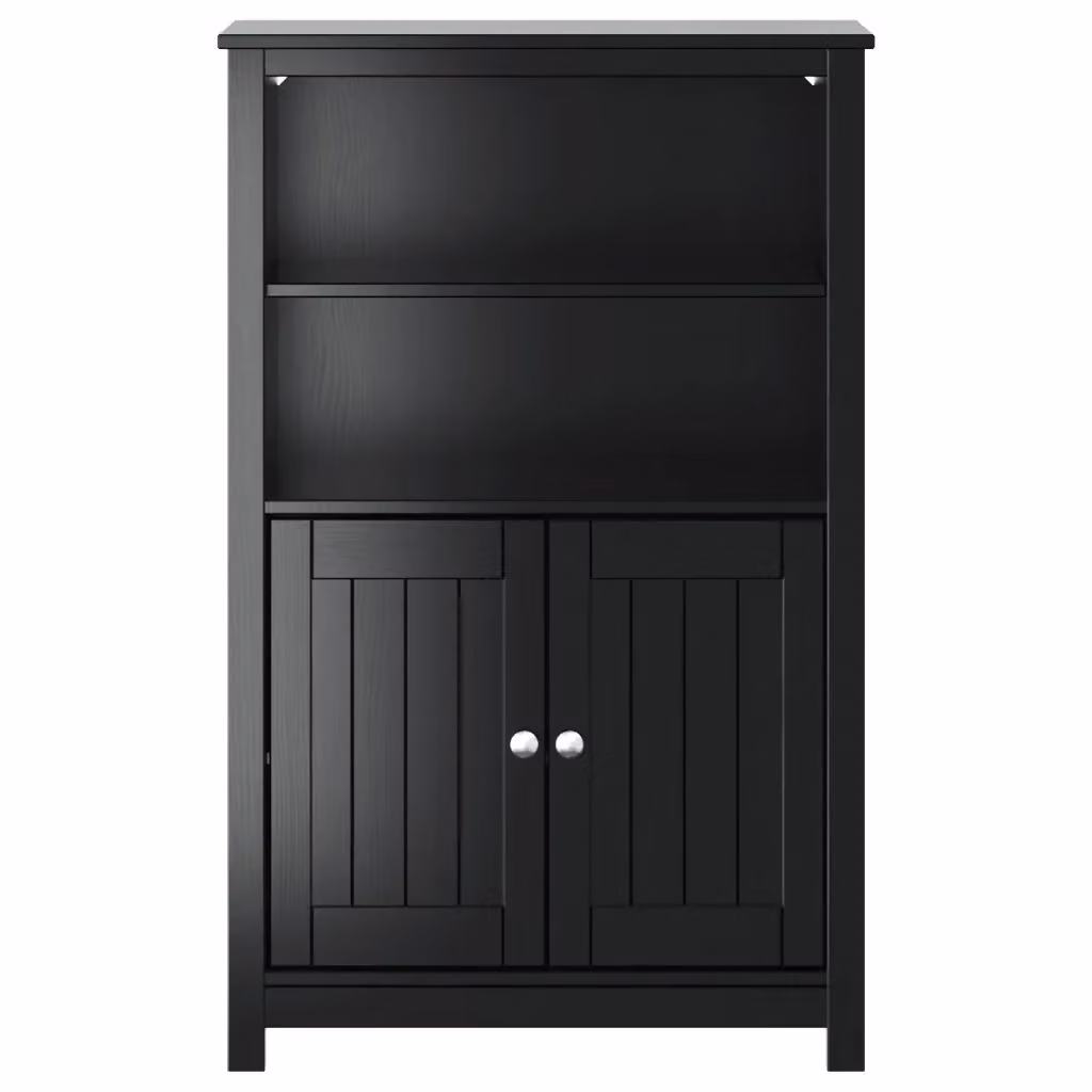 Mobiletto da bagno moderno HELLOSHOP26 in pino nero massello con ante a battente e ripiani interni, L: 69,5 cm, P: 34 cm, H: 110 cm – 2