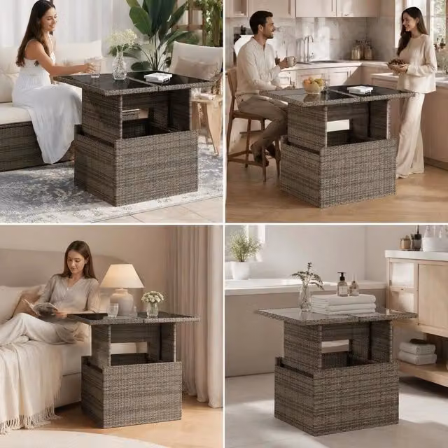 Garden Table With Glass Top, Grey, 100x55x73 Cm, Poly Rattan