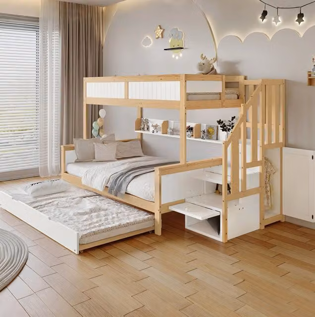 Letto a castello ULEVR 90x200 e 120x200 cm con letto estraibile 90x190 cm, armadio, scala contenitore, bianco e naturale