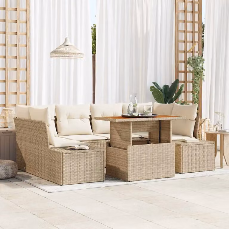 Set da pranzo da giardino moderno vidaXL in rattan e legno di acacia beige, 7 pezzi
