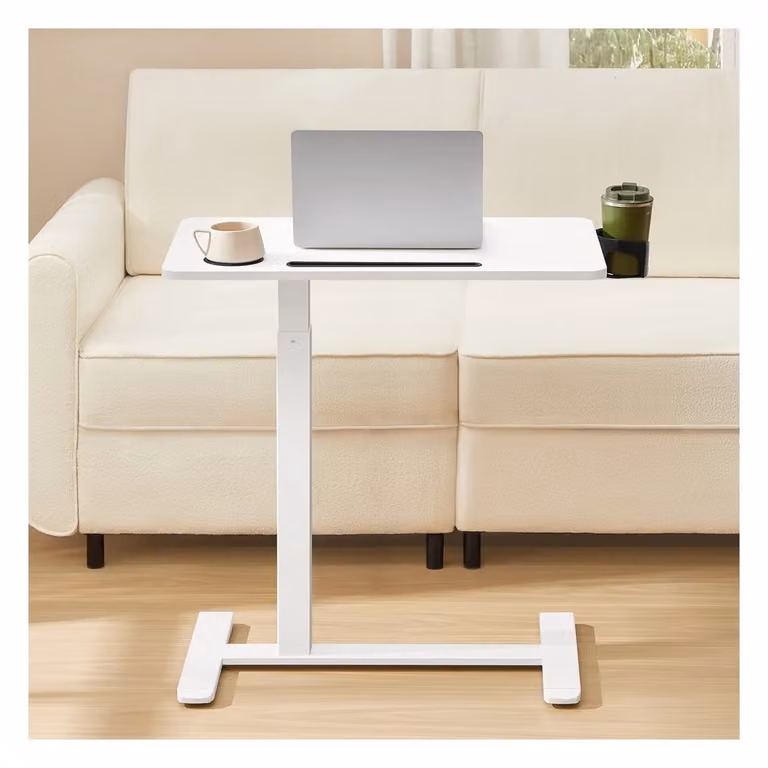 Scrivania con ruote piano regolabile portabicchieri e slot integrato, 70 x 40 cm / Bianco Nuvola