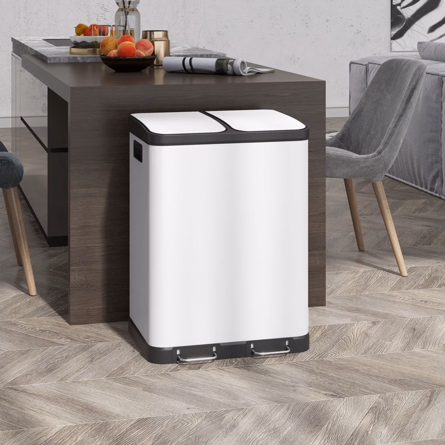 Bidone da cucina HOMCOM con 2 scomparti da 30L ciascuno, pedale in acciaio inossidabile, coperchio soft close e secchi interni rimovibili, bianco – 2