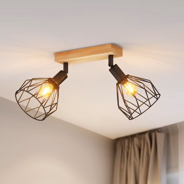 LVWIT Plafoniera a 2 luci, attacco E14, ideale per corridoi, lampada da soffitto, faretto da soffitto nero in legno, applique orientabile a 350° per soggiorno, camera da letto, cucina (senza lampadine)