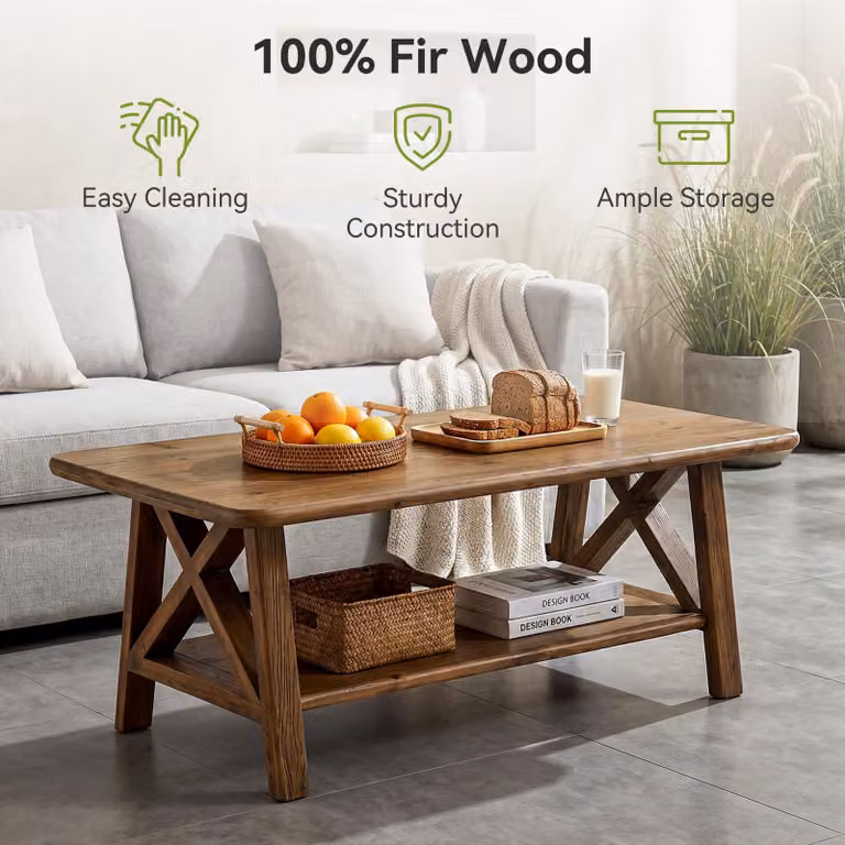 Tavolino da divano in stile rustico di Tribesigns, realizzato in legno massello, con una dimensione di 119 cm, dotato di superficie di appoggio e gambe robuste a forma di X. Colore: marrone scuro rustico