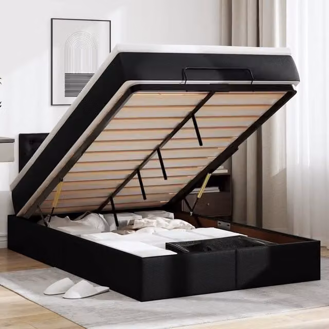 Letto moderno vidaXL con base contenitore a sollevamento, materasso a molle e illuminazione sottostante, rivestimento in similpelle nero e bianco, L/P/H: 200 x 120 x 28 cm