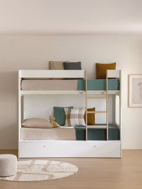 Letto a castello moderno con letto a scomparsa Kenay Home, colore bianco e rovere