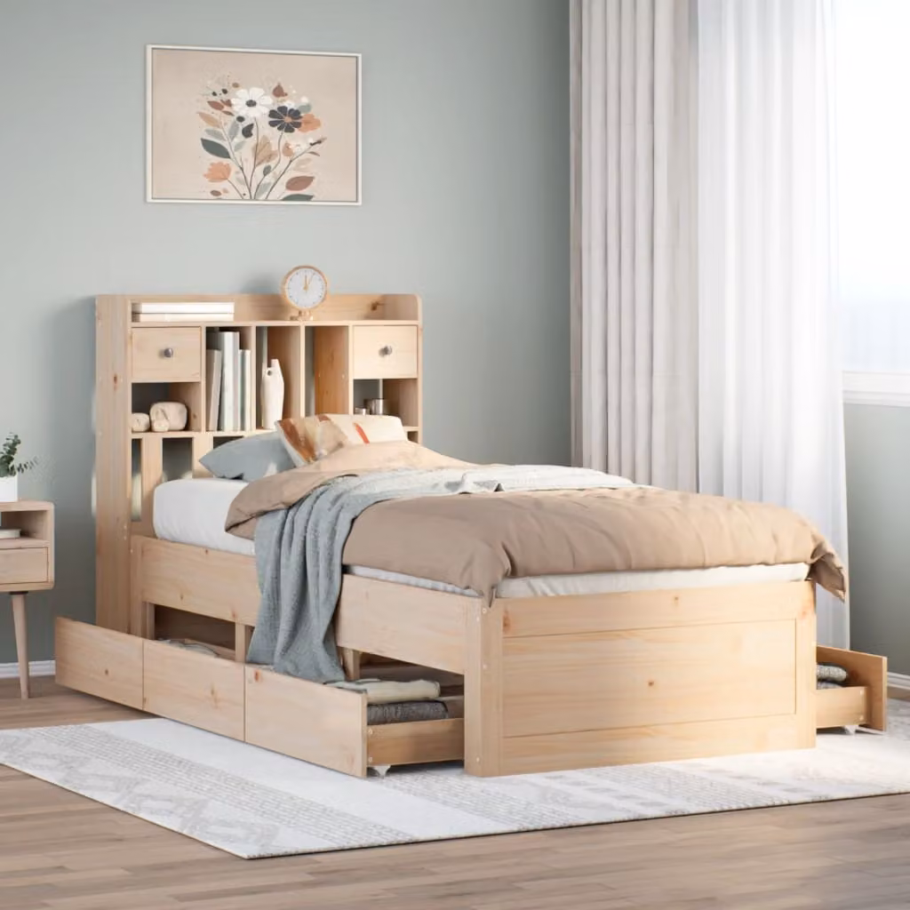 vidaXL Giroletto con Libreria in Legno di Pino Grezzo per Adulti L: 190 cm, P: 75 cm, H: 216,5 cm