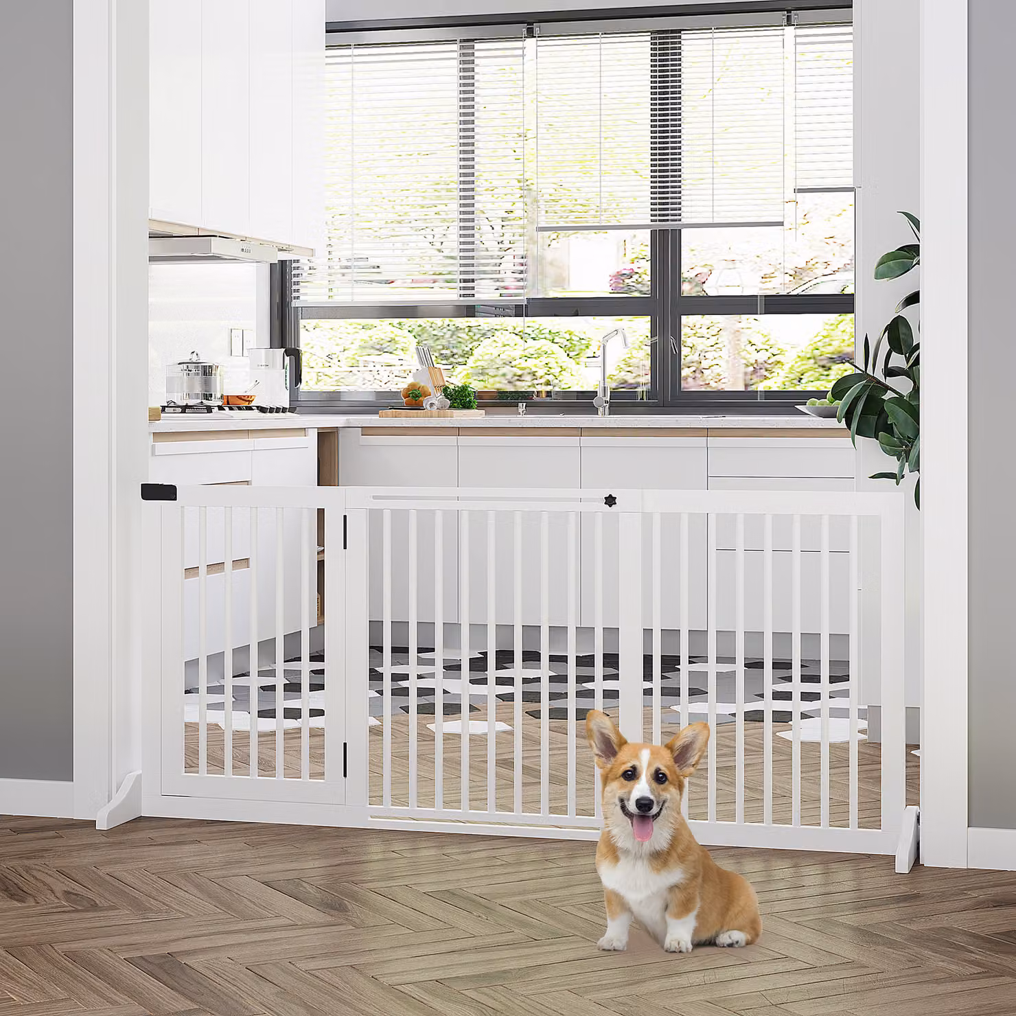 Cancellino per cani regolabile a 3 pannelli PawHut in legno di pino, Bianco Aosom, L: 113-166 cm, P: 36 cm, H: 71 cm – 2