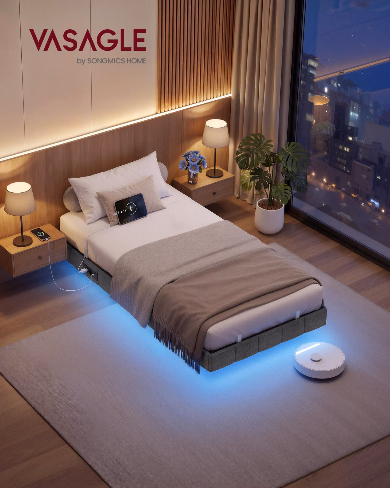 VASAGLE Struttura letto 90 x 200 cm, con illuminazione a LED, rete, effetto sospeso, presa multipla, grigio