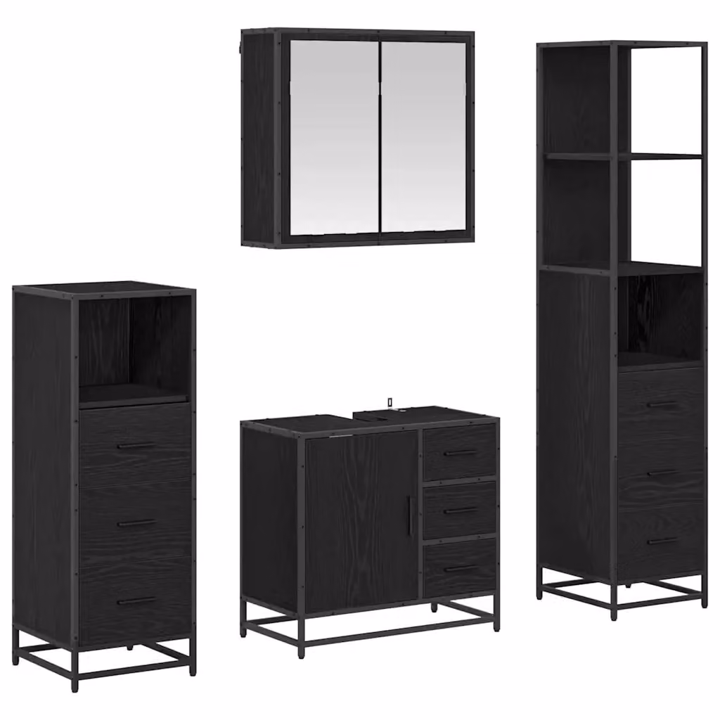 Set di mobili per il bagno moderno vidaXL 4 pezzi in legno e metallo nero opaco con armadietto a specchio, mobile lavabo, mobile laterale e colonna alta, finitura rovere – 2