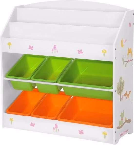 Cassettiera per bambini, 3 piani con scaffale per libri e 6 contenitori rimovibili per camera da bambini, scuola materna, multicolore, bianco