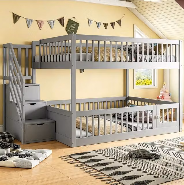 Letto a castello per bambini in legno massello laccato grigio con scala contenitore e struttura a casetta L/P/H: 200 x 140 x 160 cm