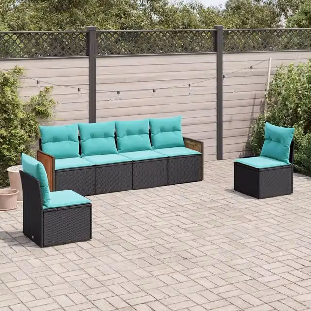 Set Divani da Giardino 6 pz con Cuscini Nero in Polyrattan 3227541