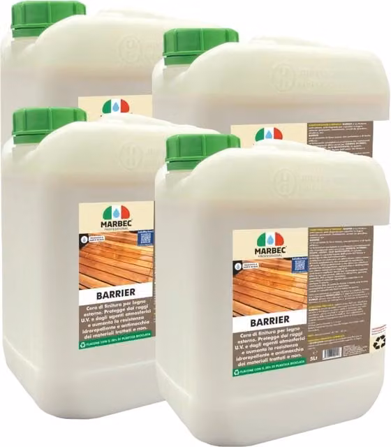 Cera per legno Marbec BARRIER opaca con protezione UV e idrorepellente, base acqua, colore bianco, confezione da 4 x 5 l – 1