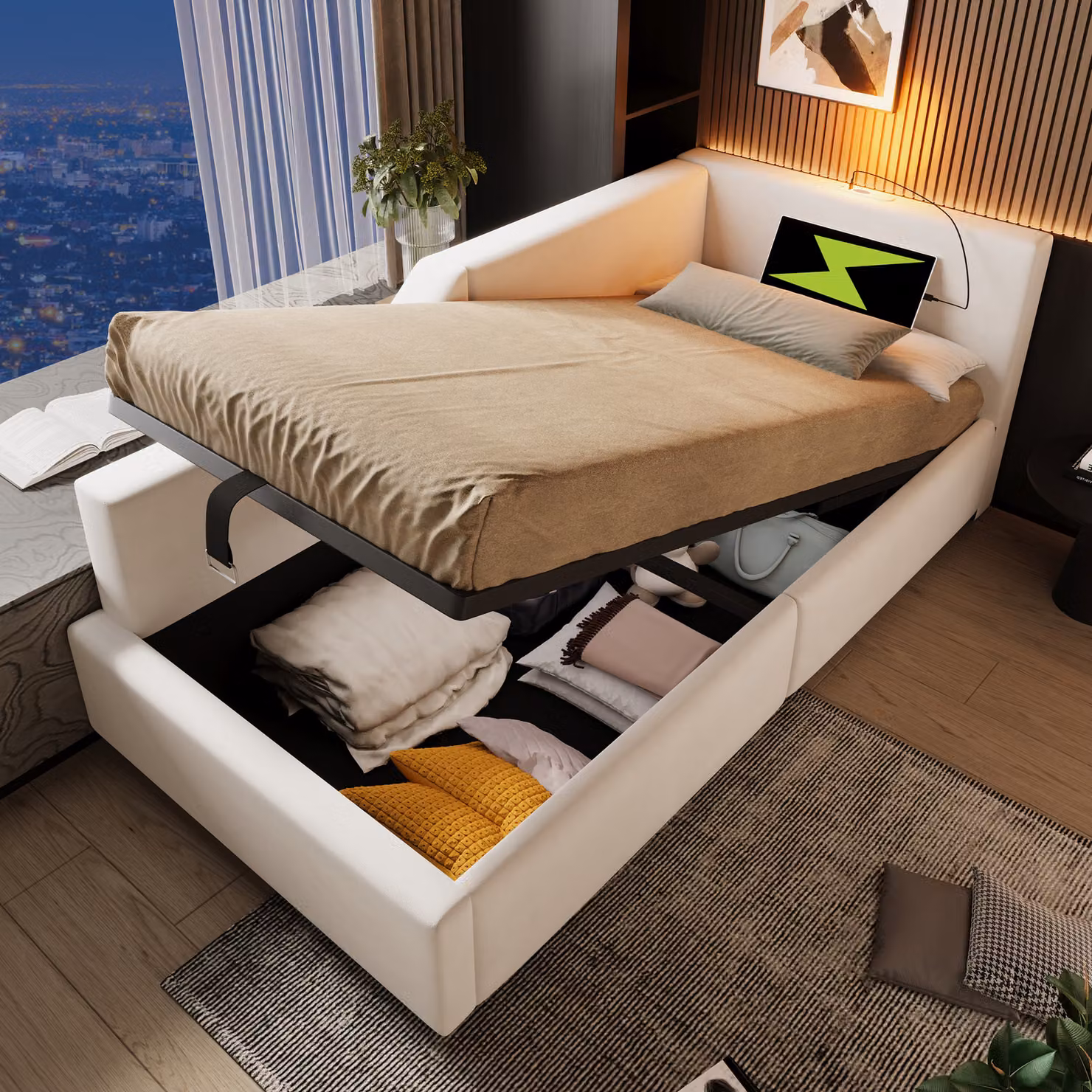 Flieks letto imbottito idraulico divano letto 90x200cm con funzione di ricarica (USB e tipo C), letto contenitore letto da giorno con lampada da lettura, letto singolo velluto, beige