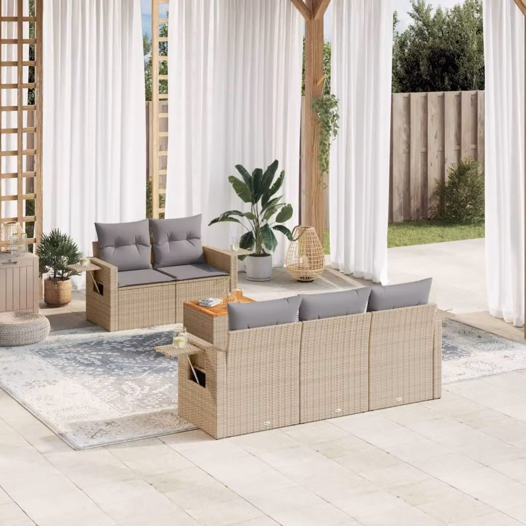 vidaXL Set Divano da Giardino a L in Polyrattan con Cuscini Beige e Grigio, 6 Pezzi – 1