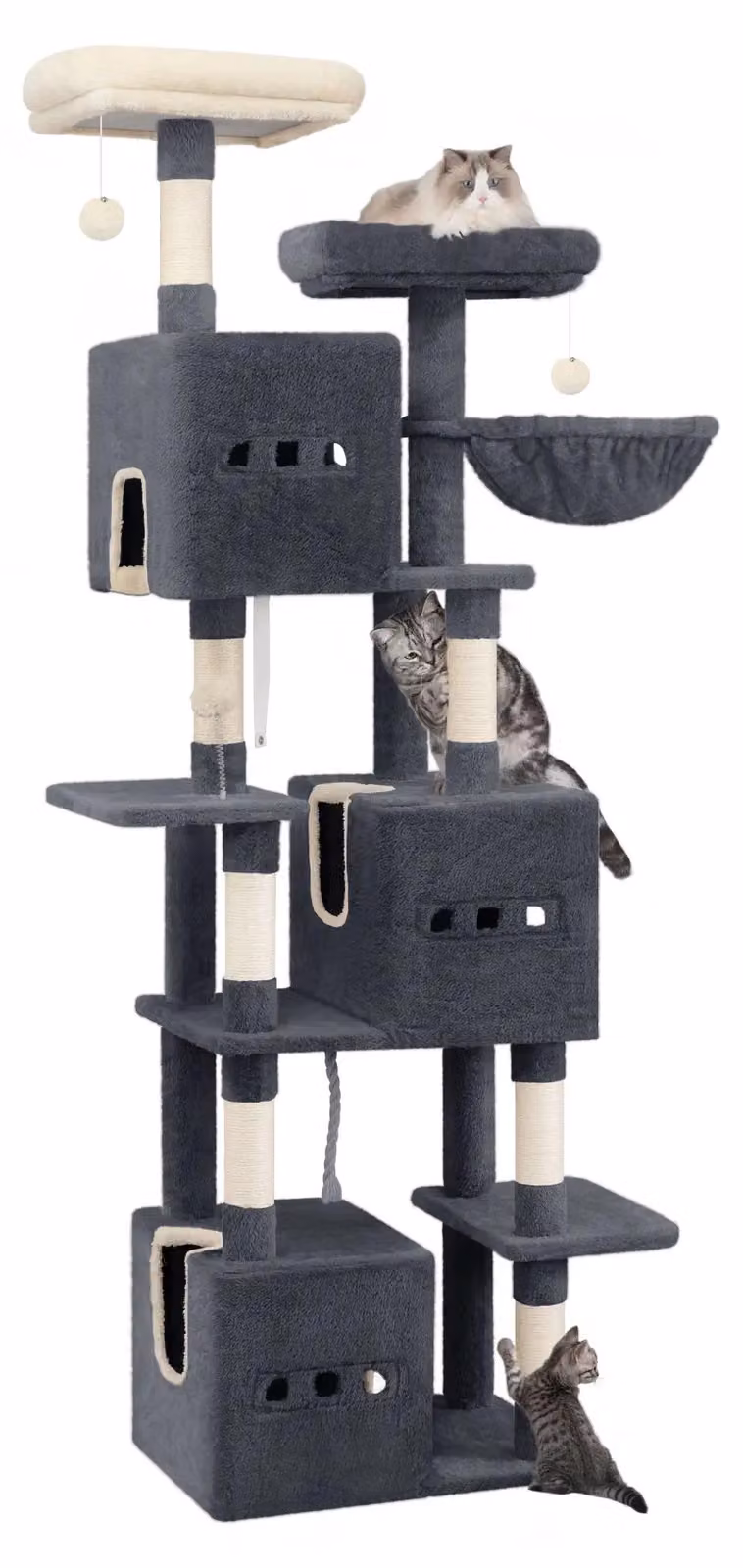 Katzenbaum da 193 cm - Taglia XXL - 7 livelli - 7 pali per graffiare - 3 rifugi - 3 palline giocattolo - 2 piattaforme - colore grigio
