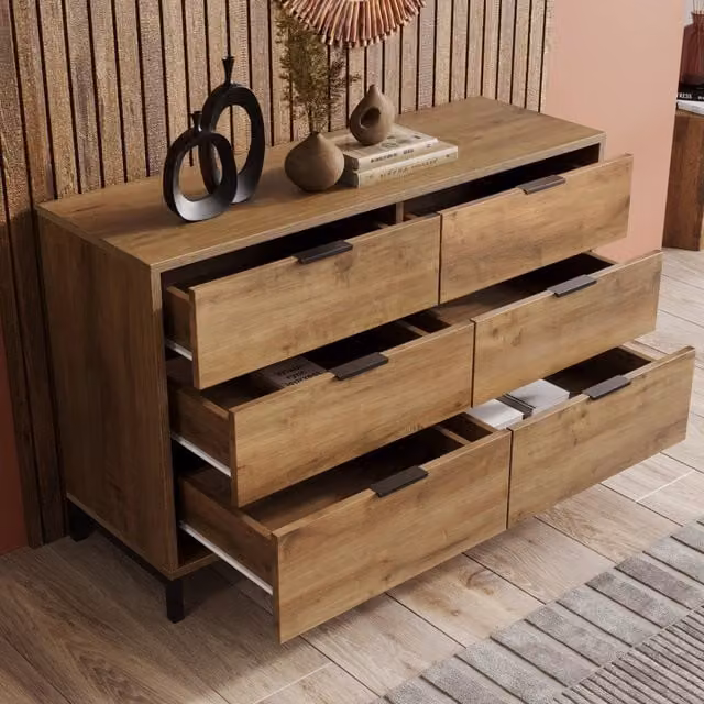 Cassettiera con 6 cassetti e piedini regolabili per camera da letto in truciolare rovere scuro 120 × 40 × 76 cm