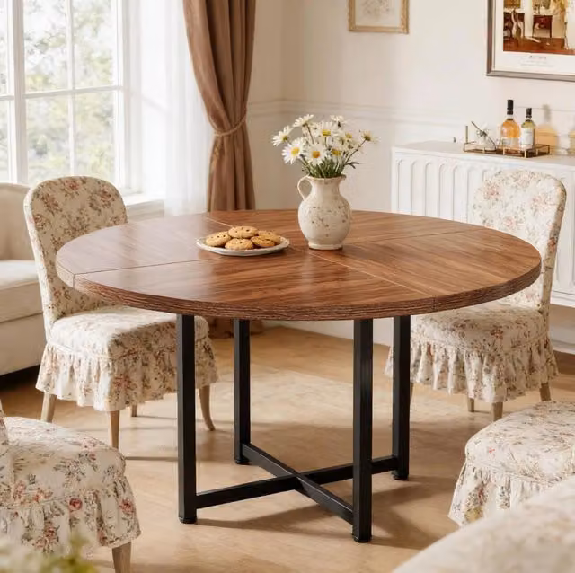 Tavolo da pranzo rotondo ULEVR ?120 cm, struttura in metallo nero e piano marrone, stile industriale