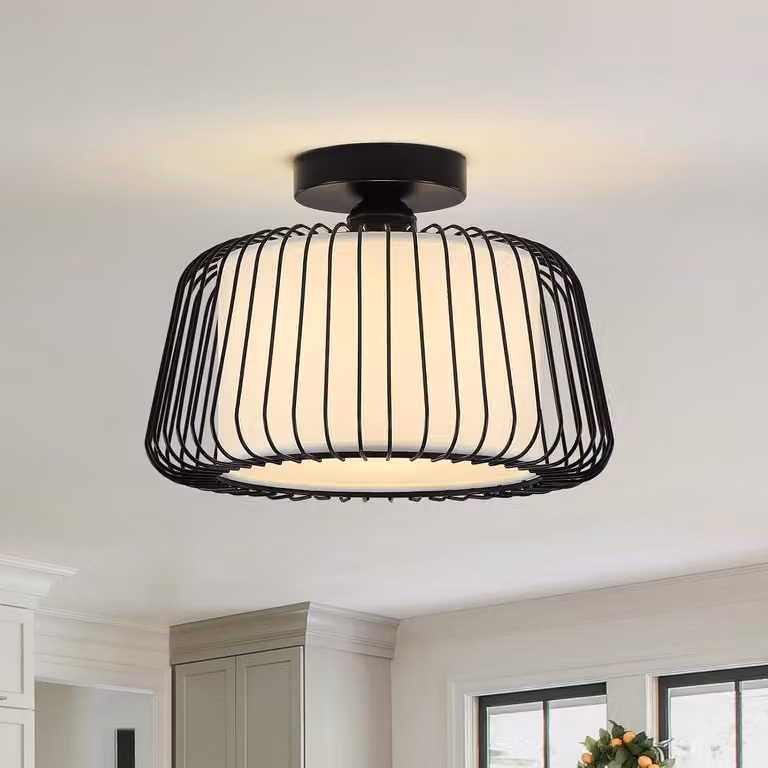 Plafoniera moderna in metallo nero attacco E27 paralume in tessuto bianco con lampadina LED per soggiorno camera da letto sala da pranzo corridoio