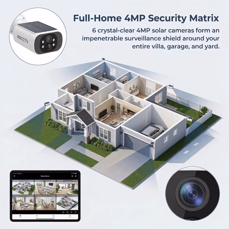 Kit di telecamere di sorveglianza - Sistema WiFi wireless - 6 telecamere - 4 MP - Alimentazione a energia solare - Per uso esterno - Audio bidirezionale - Allarme con sirena