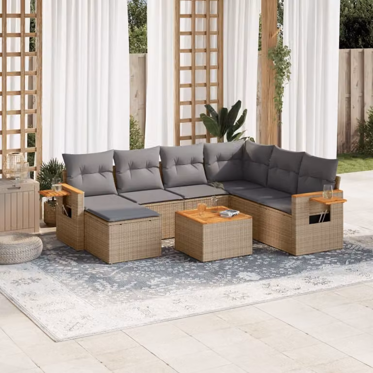 vidaXL Set Divano da Giardino 8 pz in Polyrattan con Cuscini Beige e Tavolino Moderno