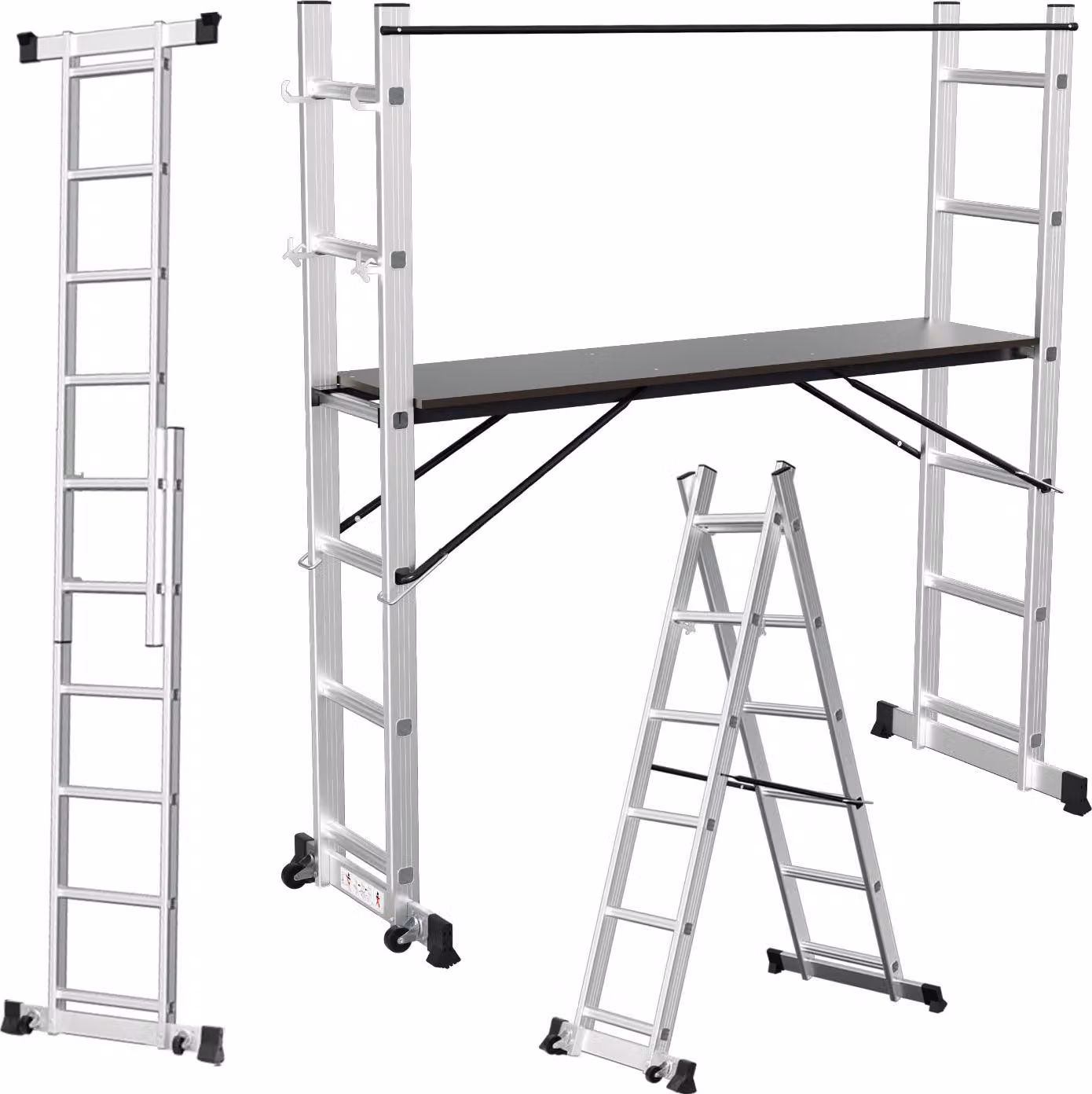 Scala pieghevole in alluminio Ikodm, colore argento, con 6 gradini. Scala multifunzione 4-in-1 con piattaforma di lavoro e ruote, portata massima 150 kg