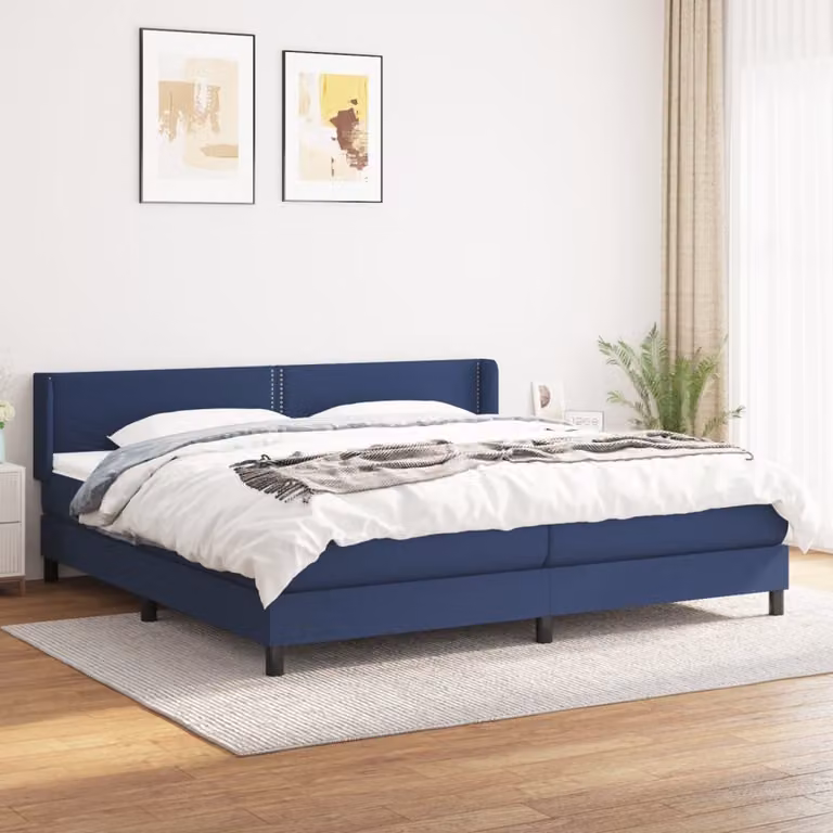The Living Store Letto a molle con materasso blu 200x200 cm in tessuto