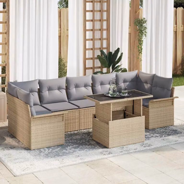 Set Divano da Giardino 8 pz vidaXL in Polyrattan Beige con Cuscini e Tavolino da Esterno