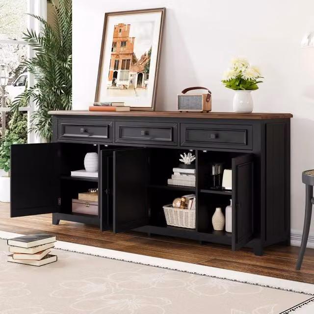 Credenza con 3 cassetti 4 ante e ripiani regolabili in MDF nero piano effetto legno 160 × 35 × 76 cm