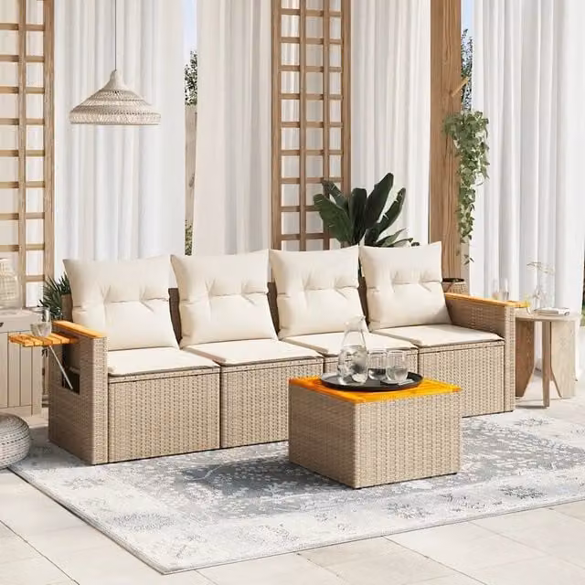 Set Divano da Giardino 5 Pezzi vidaXL in Polyrattan con Cuscini Beige e Tavolino da Caffè