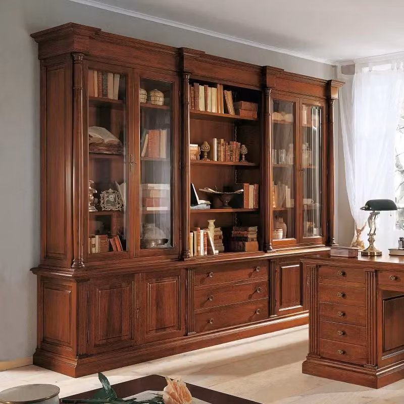 Libreria studio classica Bassano in legno con ante in vetro Mobili 2G L: 306 cm, P: 56 cm, H: 240 cm, colore marrone – 2