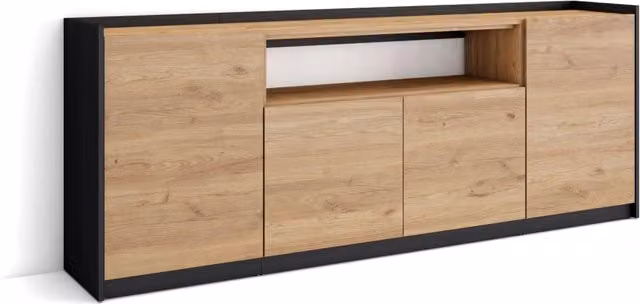 Credenza, Mobile, Cucina, 207x80x37 cm, 4 Porte, grande stoccaggio, Rovere e nero