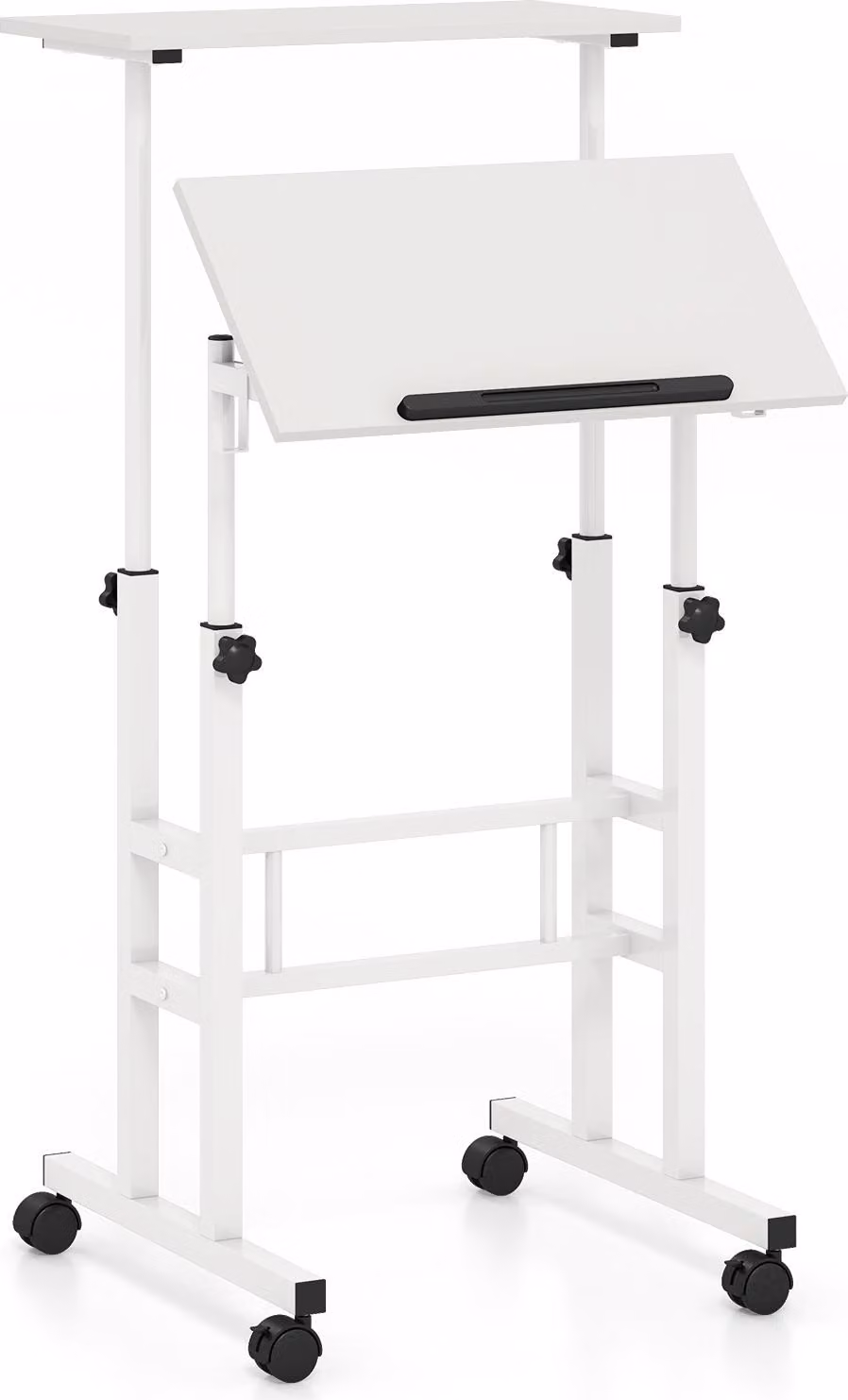 COSTWAY Scrivania in piedi regolabile in altezza, scrivania mobile per computer con rotelle, piano inclinabile e 2 ganci, scrivania, scrivania in piedi, tavolo per computer portatile natura